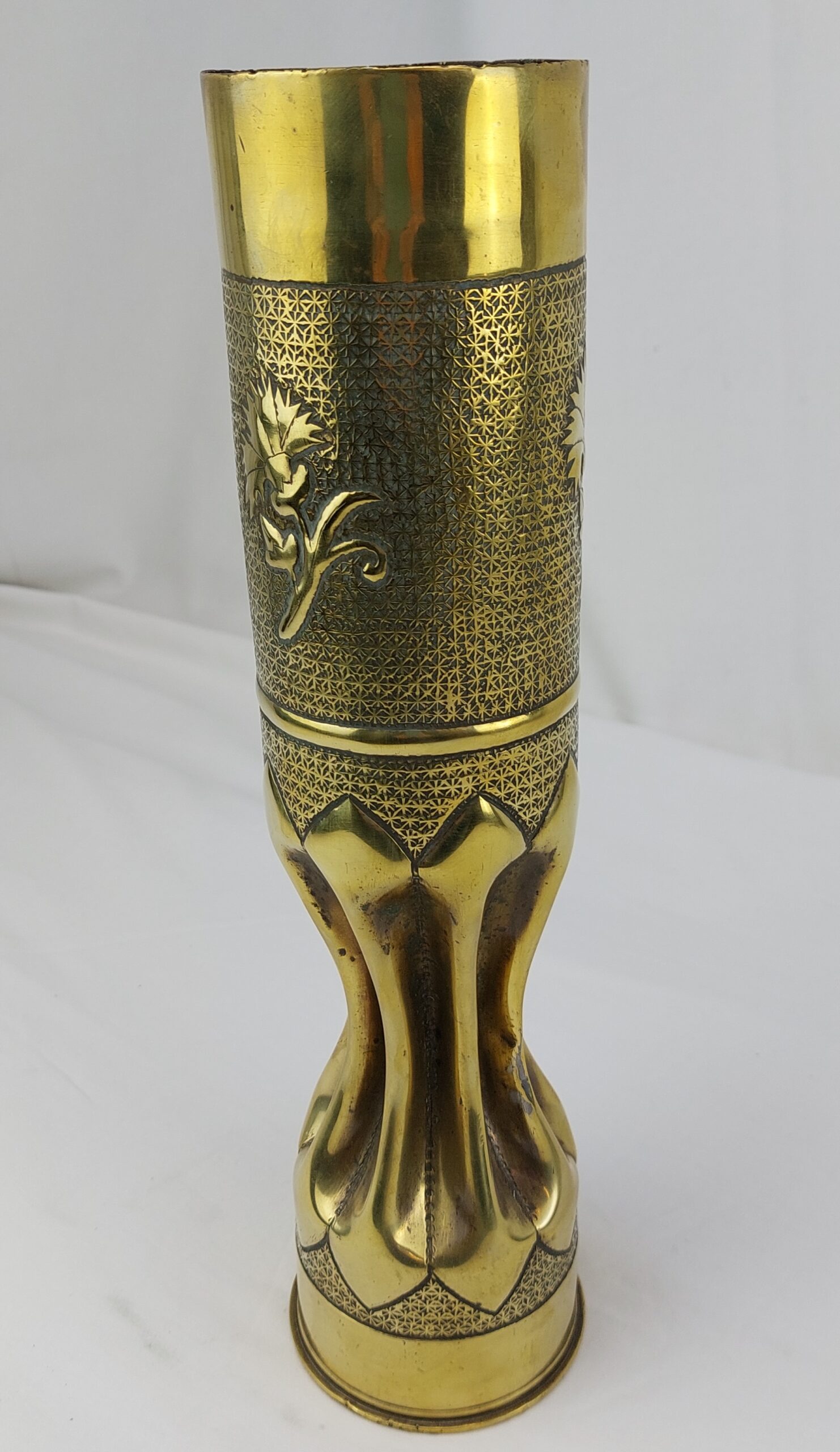 WW1, Elaborate, French Trench Art, Brass Vase, Made from French 75 DE C H 20L. 17 H Shell Casing - Image 2