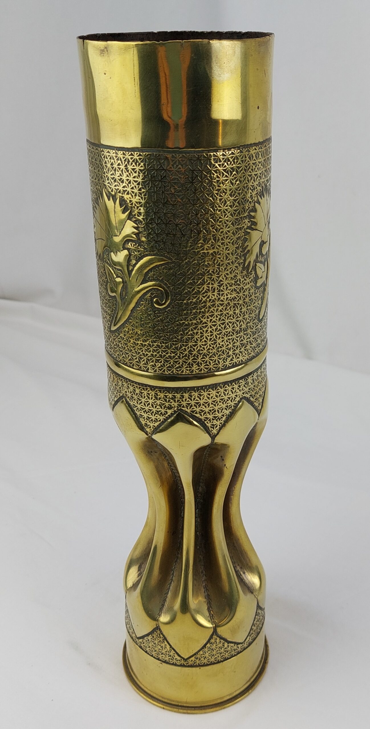 WW1, Elaborate, French Trench Art, Brass Vase, Made from French 75 DE C H 20L. 17 H Shell Casing - Image 3