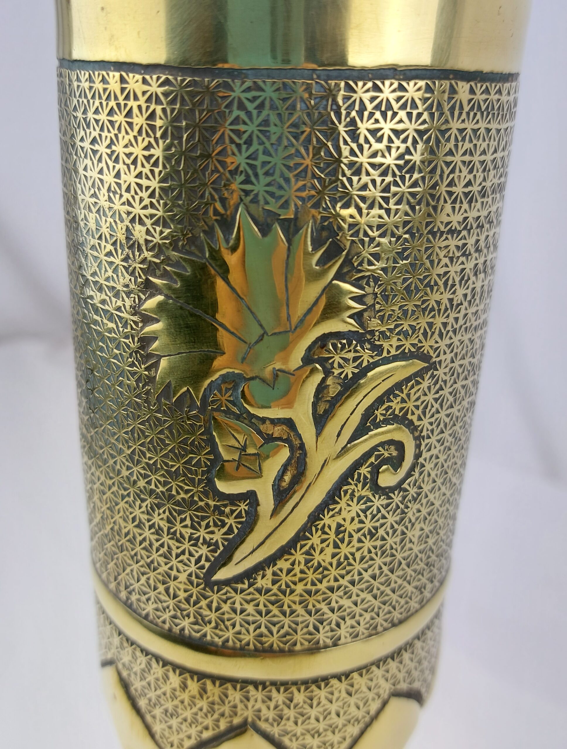 WW1, Elaborate, French Trench Art, Brass Vase, Made from French 75 DE C H 20L. 17 H Shell Casing - Image 4