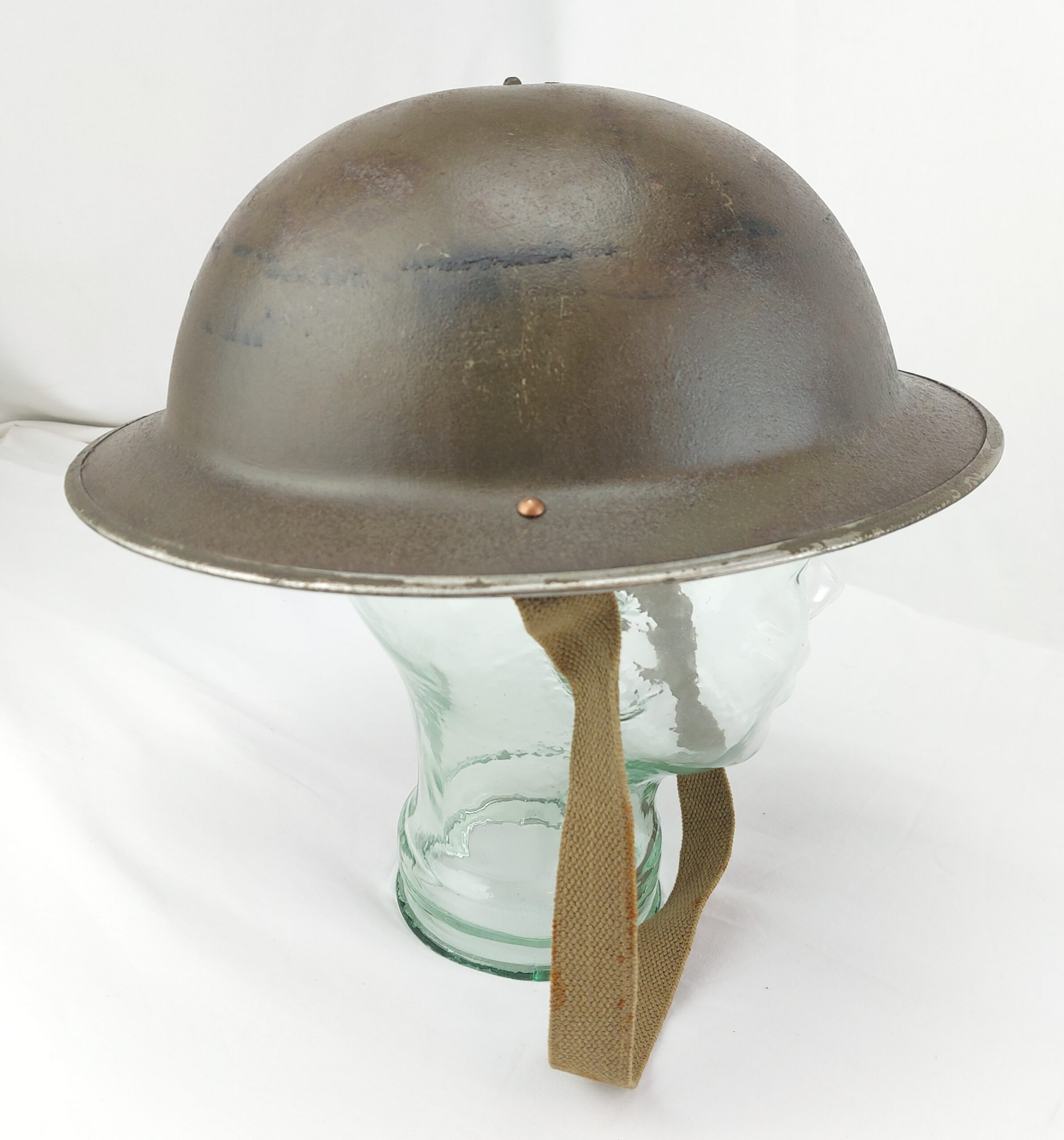 WW2 British Army Brodie MK11 Helmet with Original leather liner by CCL 11 and canvas chin strap. Dated 1943 - Image 2