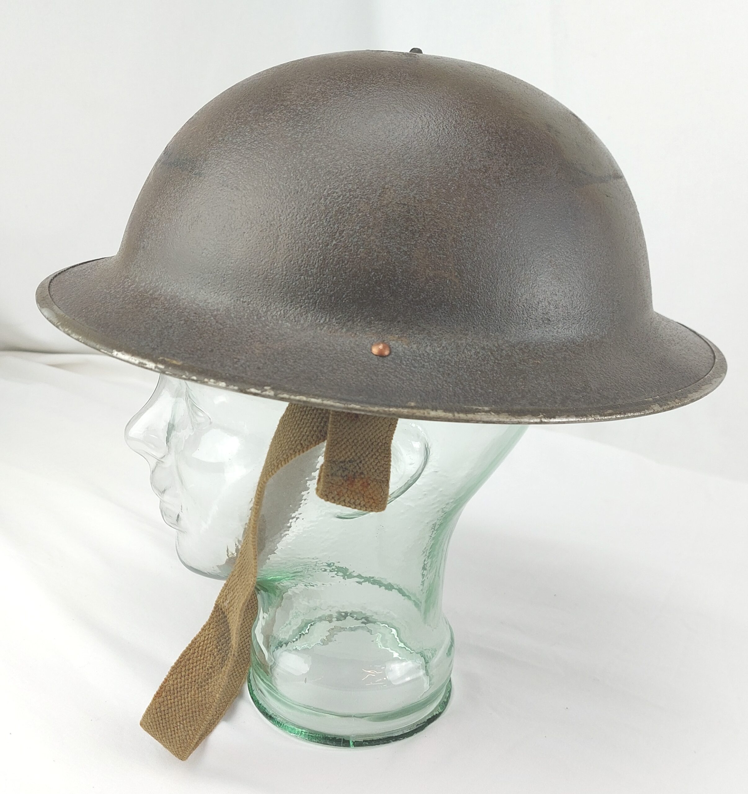 WW2 British Army Brodie MK11 Helmet with Original leather liner by CCL 11 and canvas chin strap. Dated 1943 - Image 4