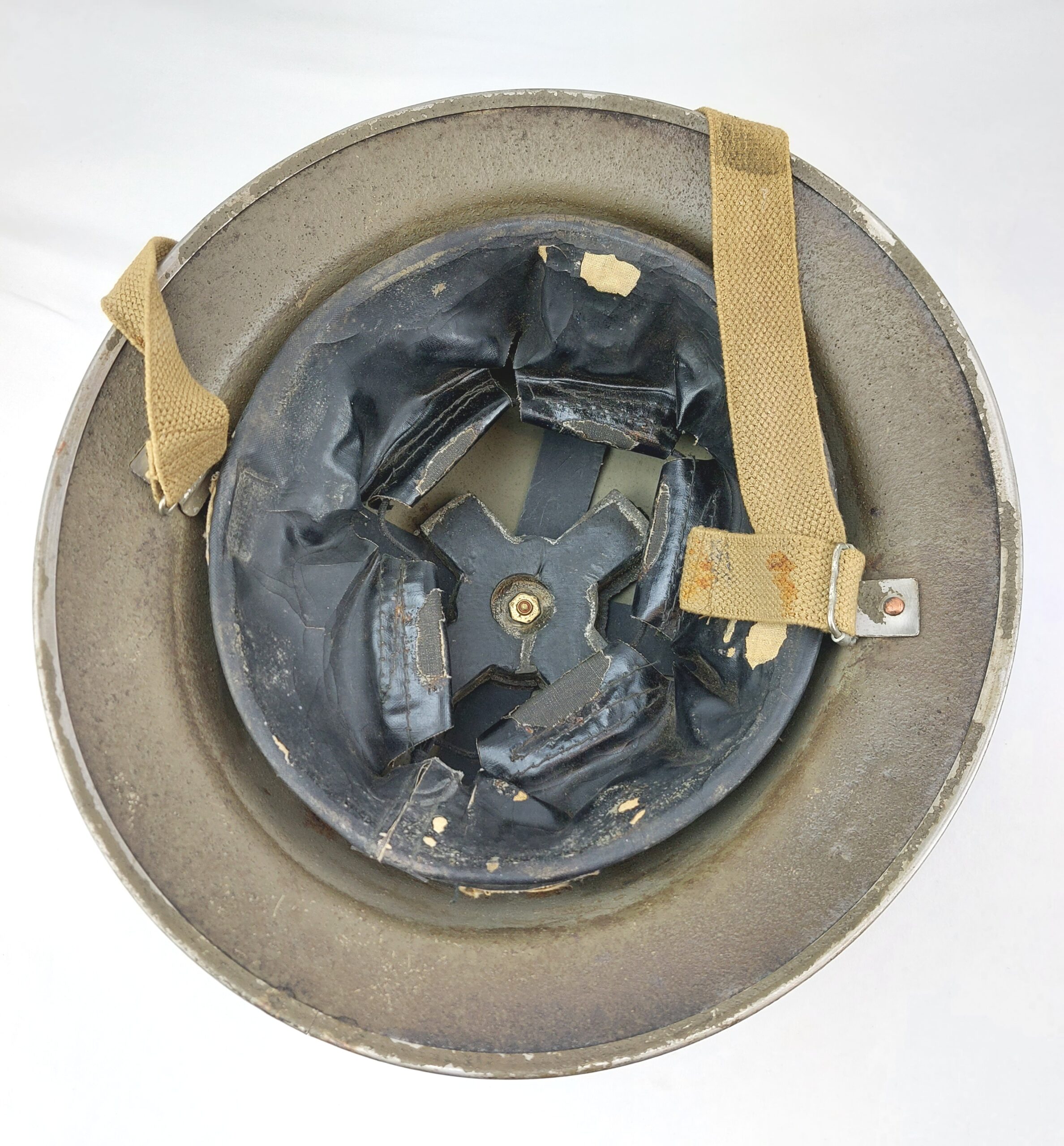 WW2 British Army Brodie MK11 Helmet with Original leather liner by CCL 11 and canvas chin strap. Dated 1943 - Image 8