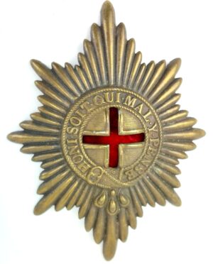 British Coldstream Guards Helmet Plate / Puggaree Badge or Valise Badge, with Order of the Garter Motto: Honi Soit Qui Mal Y Pense and Cut-out Cross