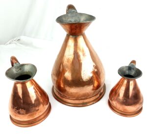 British, Royal Navy, 3 Copper Lipped Rum Measures, 1/2 Pint by Burt Bros, Birmingham, 1955; Pint by Gaskell & Chambers and 1/2 Gallon unmarked