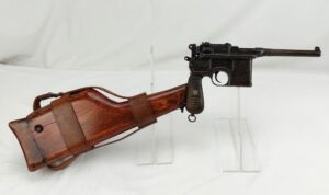 German, Mauser c96 Broom-Handled Semi-Automatic Pistol 7.63Cal., by Waffenfabrik Mauser Oberndorf A. Neckar, with Wooden Shoulder Stock. Deactivated.