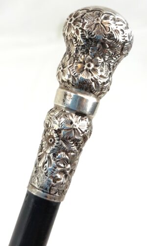 Ornate, Silver Tipped, Black, Slim, Walking Stick