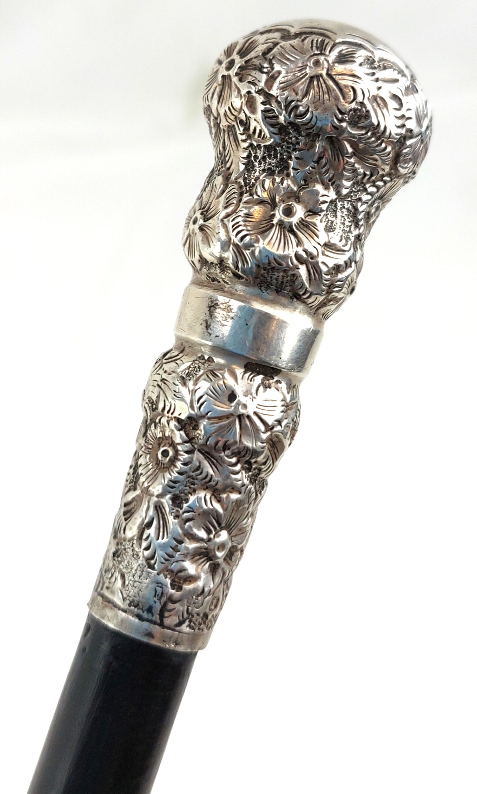 Ornate, Silver Tipped, Black, Slim, Walking Stick