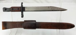 British, WW1, 1916 MK11 Ross Rifle Bayonet with Original 1916 MK11 Leather Scabbard (Made in Canada, 1907 Patent)