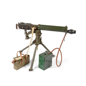 British, WW1 Vickers Light Machine Gun, .303 cal. complete with magazine box, water jacket and original hose and with WW2 Tripod. Deactivated