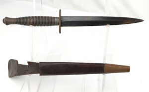 British, WW2 circa 1943, very scarce, 3rd Pattern Fairbairn Sykes Commando Dagger, By Wilkinson for India, with its Original Scabbard (With Mould no 3 and War Mark with I)