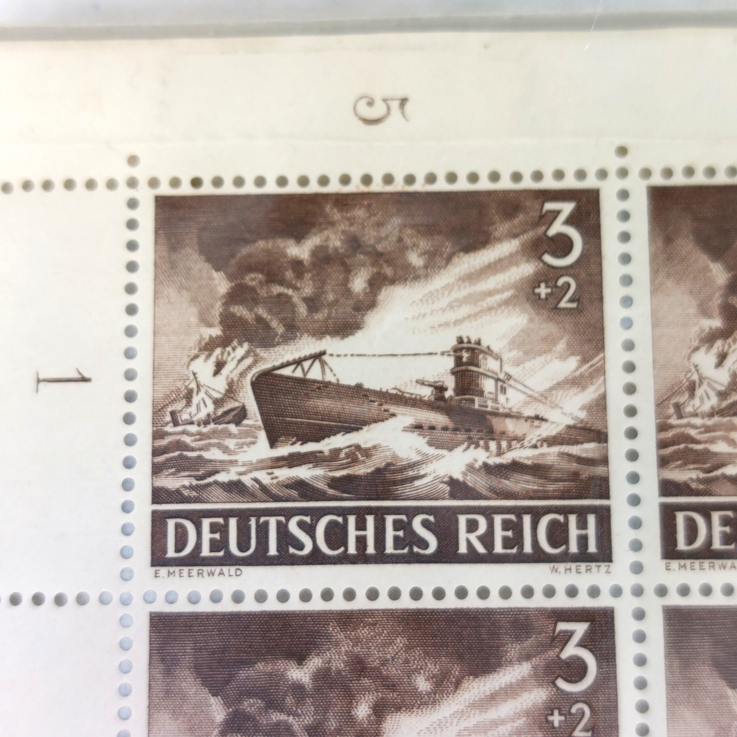 German, WW2, 1943 Wehrmacht Day Commemorative U-boat Sheet of Stamps (50), Unused, Signed W.Hertz and E. Meerwald - Image 4