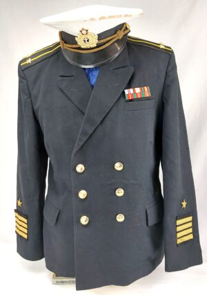 Original Soviet Naval (VMF) Officer's Double Breasted Jacket and Parade/Summer Visor Cap, dated 1988