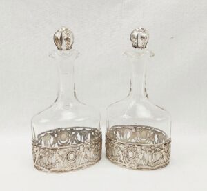 Pair Of Double Spout Birmingham 1915 Silver Mounted Carafes
