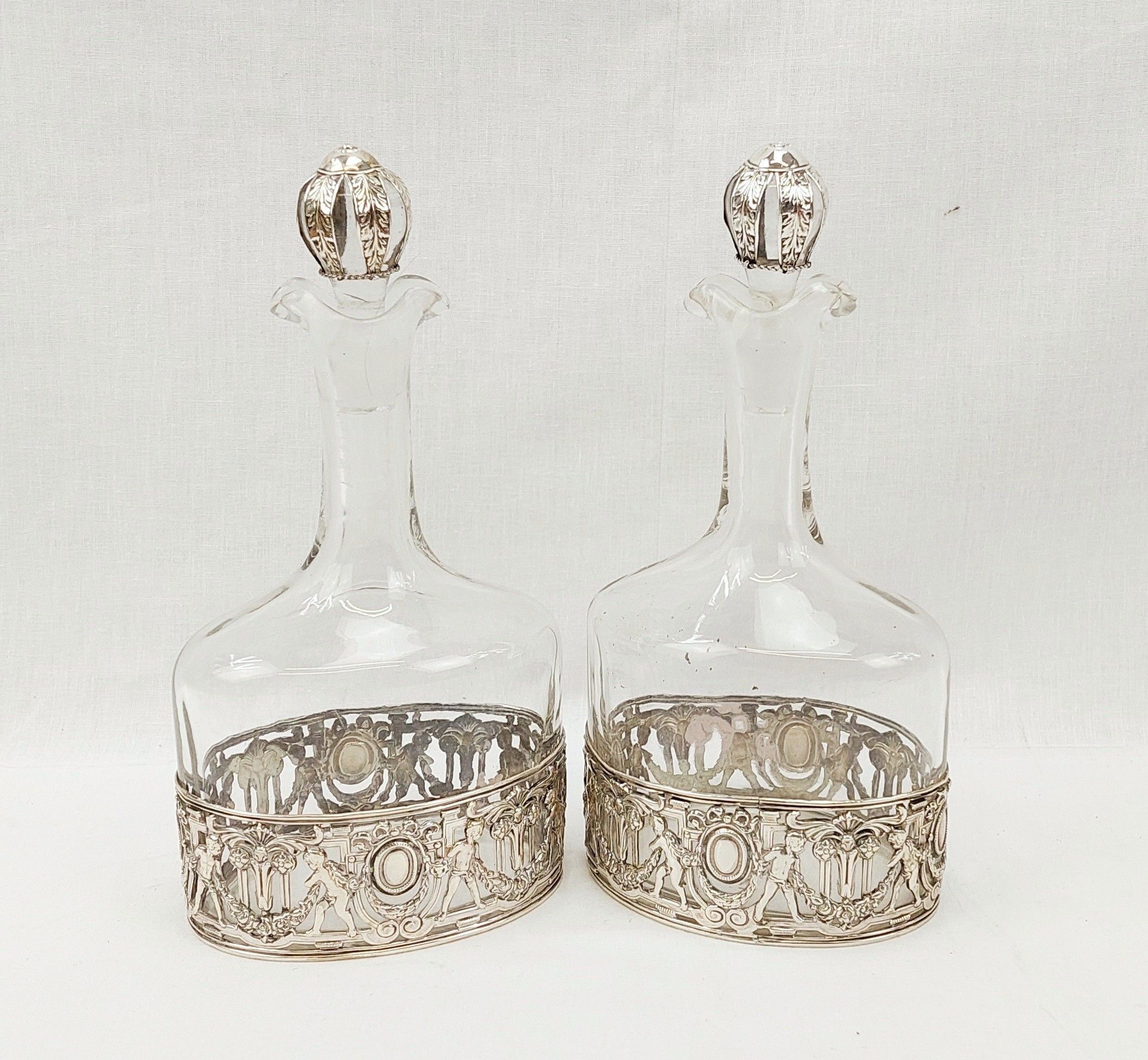 Pair Of Double Spout Birmingham 1915 Silver Mounted Carafes