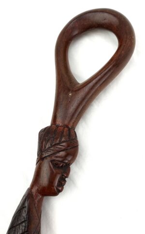 African Woman with Turban and Child, Wooden Carved Walking Stick