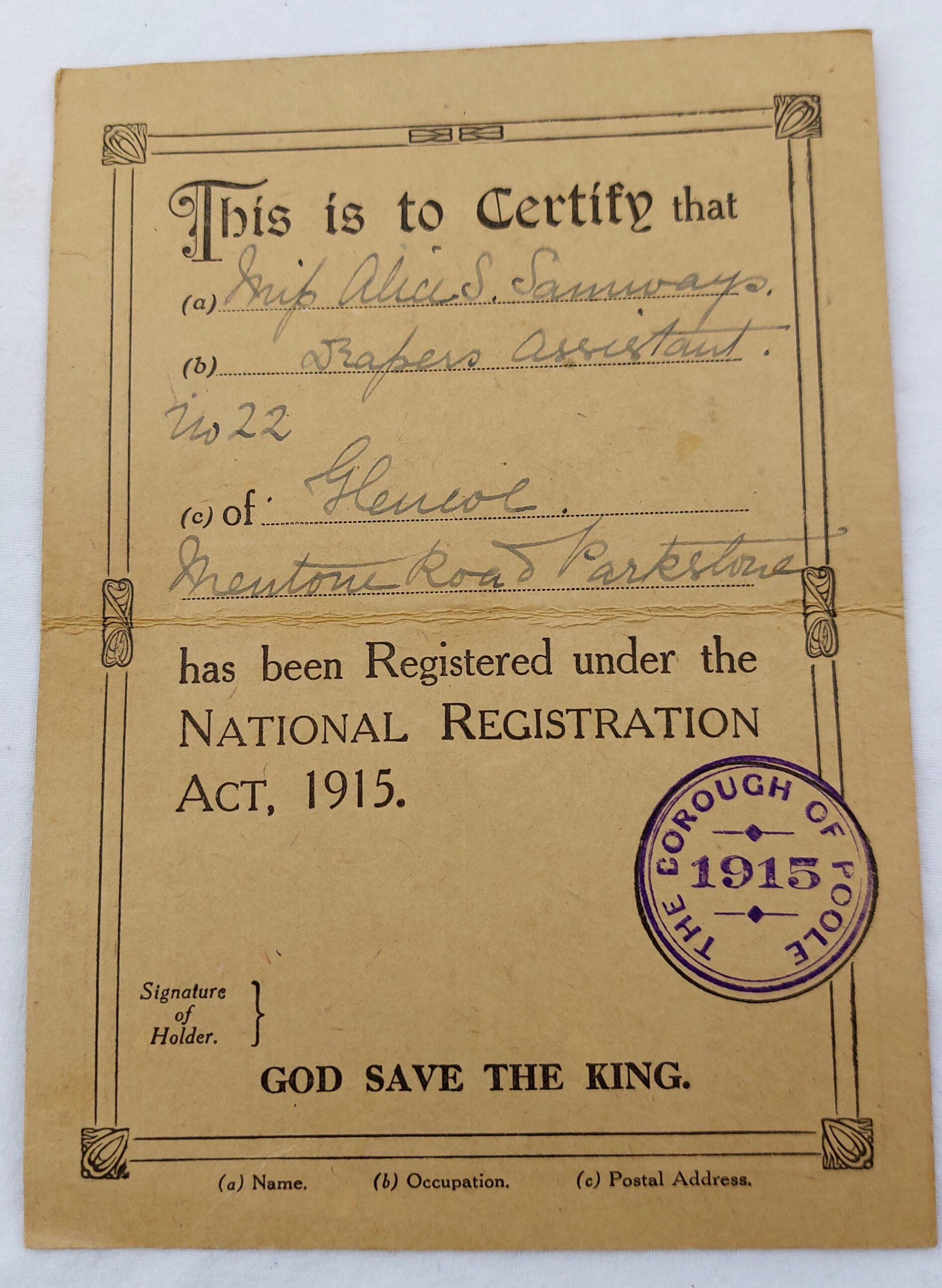 British, WW1, National Registration Act 1915 Identity Card, 'Miss Alice S. Samways' - Image 3