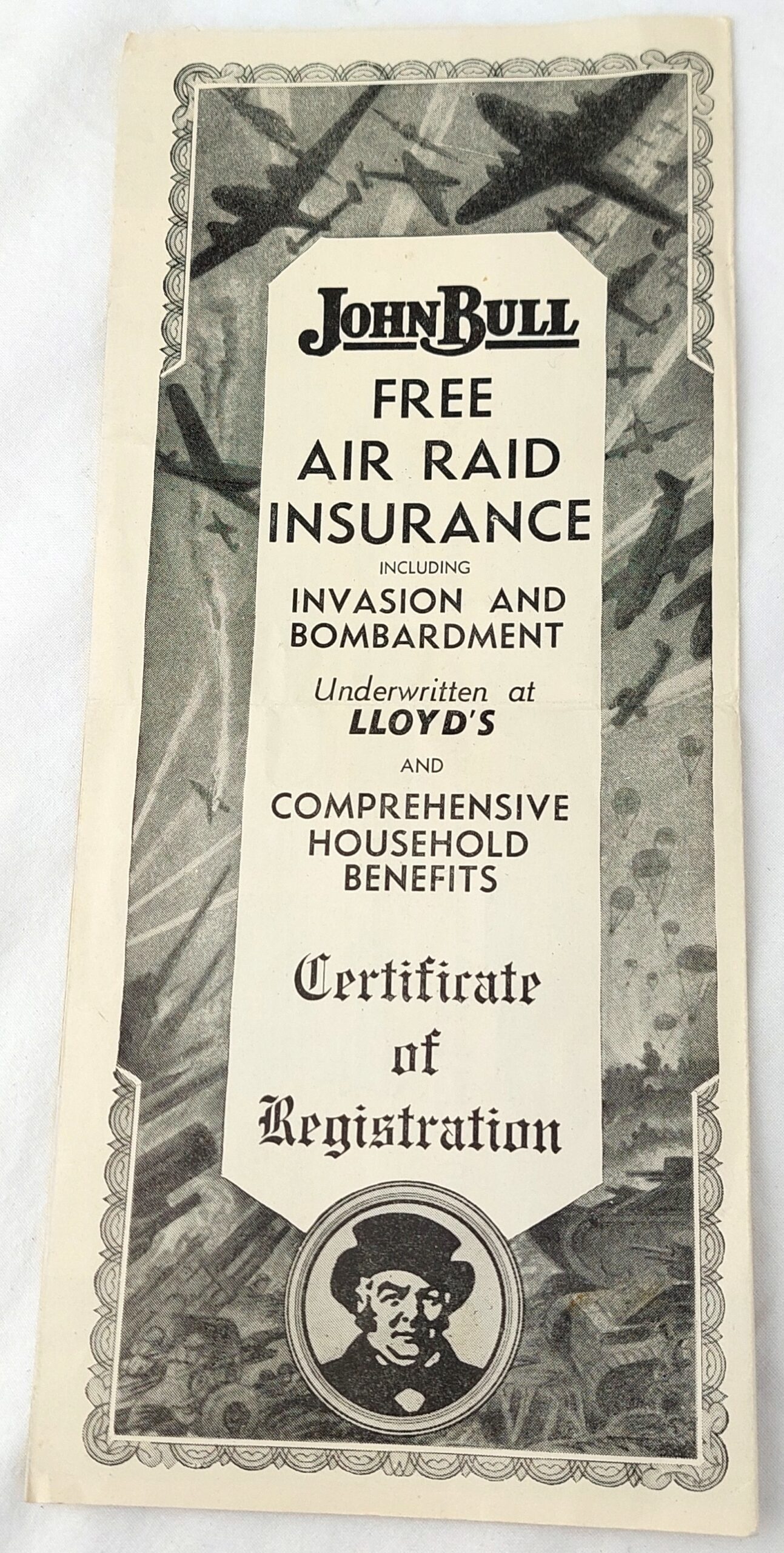British, WW2, "John Bull, Free Air Raid Insurance, including Invasion and Bombardment", Dated 22.01.1941. Issued to Mrs E M Fraver, West Norwood