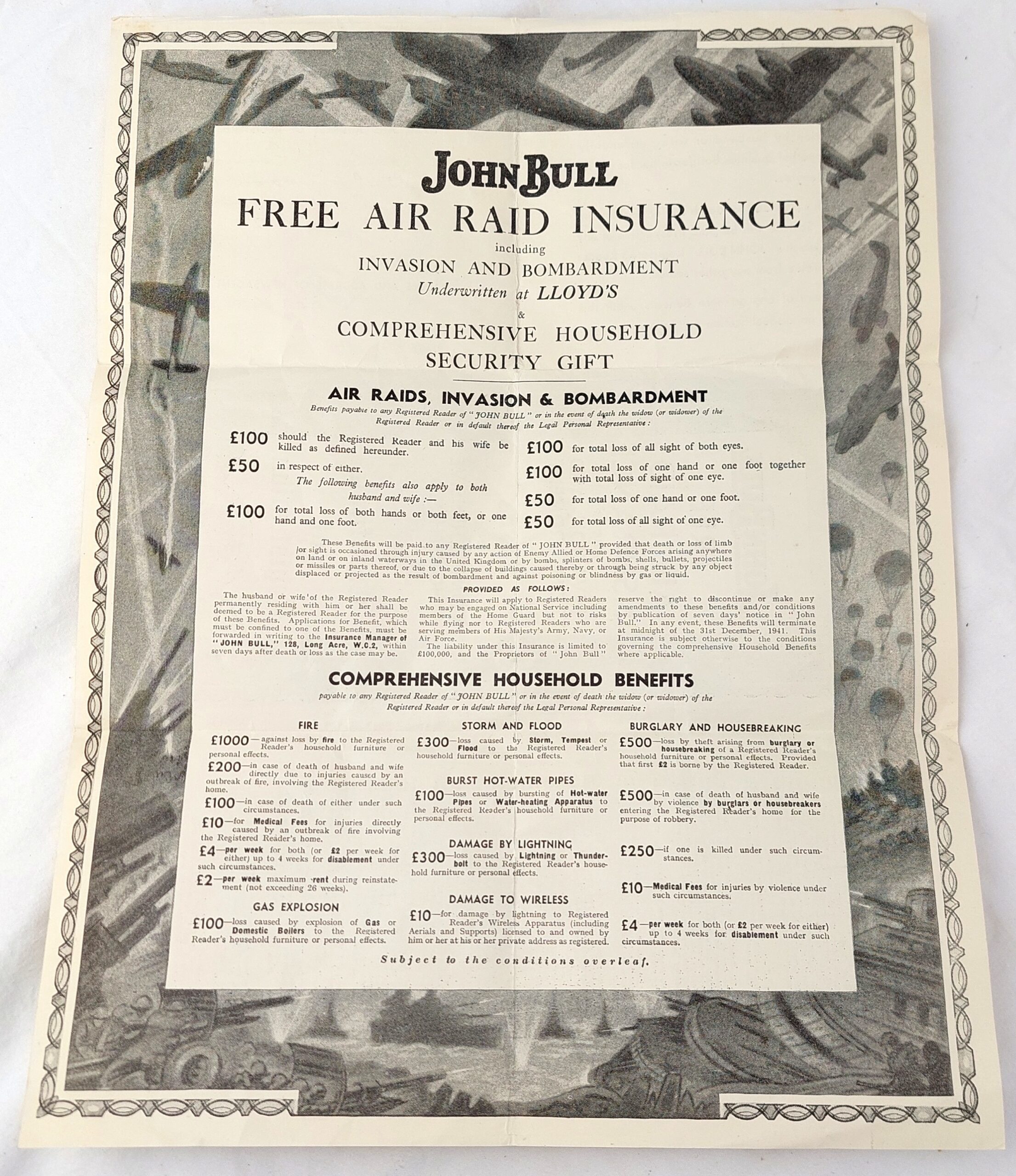 British, WW2, "John Bull, Free Air Raid Insurance, including Invasion and Bombardment", Dated 22.01.1941. Issued to Mrs E M Fraver, West Norwood - Image 3
