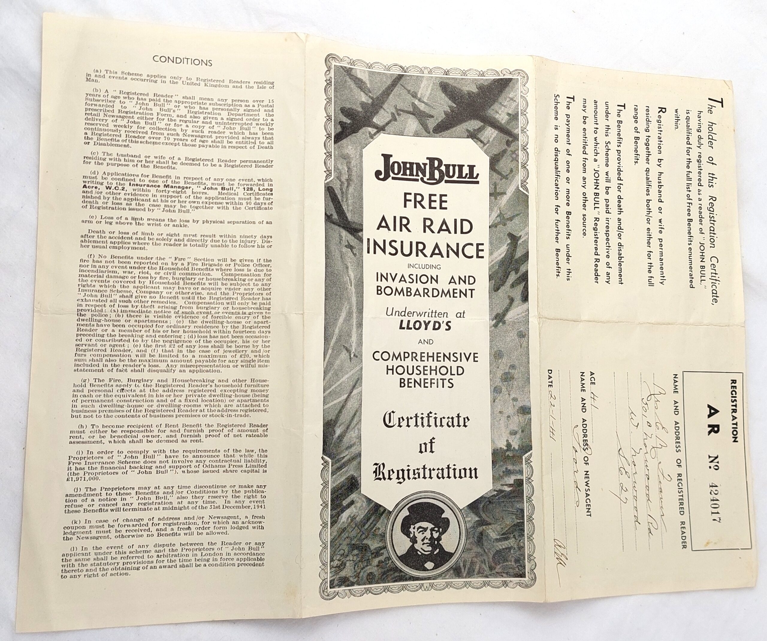 British, WW2, "John Bull, Free Air Raid Insurance, including Invasion and Bombardment", Dated 22.01.1941. Issued to Mrs E M Fraver, West Norwood - Image 2