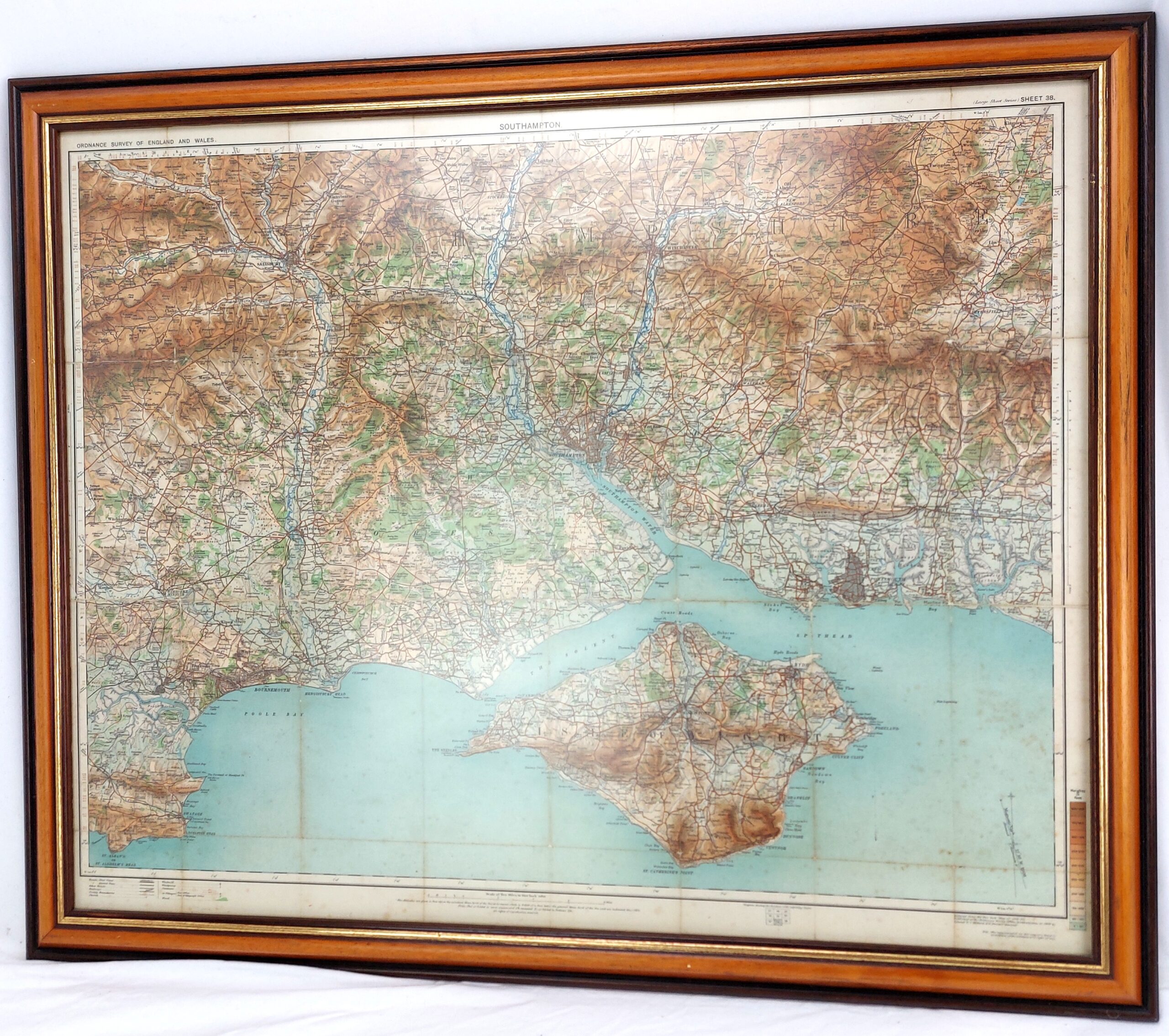 Framed Map of Southampton, Portsmouth & Isle of Wight, Two Miles to One Inch, Sheet 38, 1906