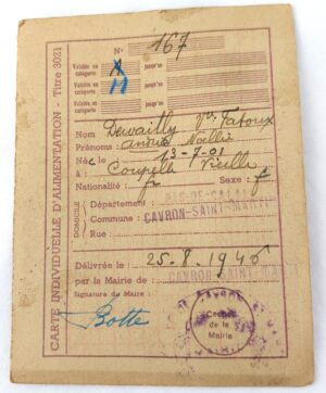 French, WW2, 1945-1948 Ration Book with stamps, Carte Individuelle D'Alimentation: Andrea Noellie Marie Dewailly Fatoux, Cavron-Saint-Martin