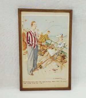 c1940’s Original Framed L.B. Martin Seaside Postcard Cartoon Watercolour