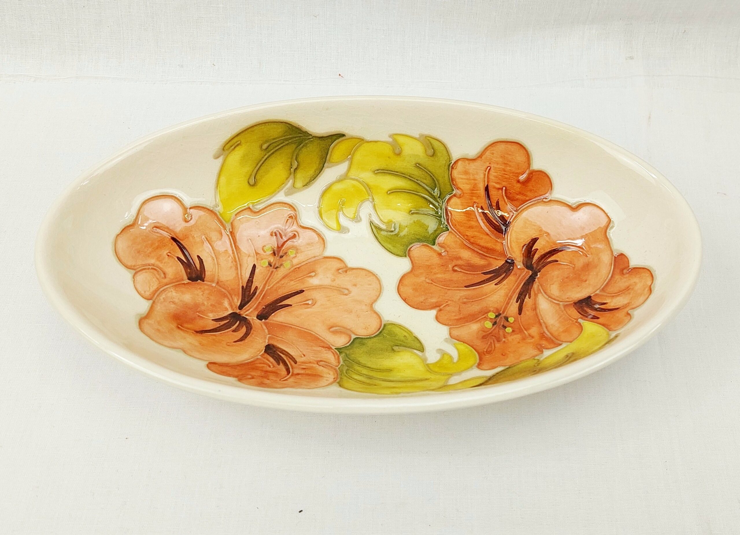 Moorcroft Cream Hibiscus Pattern Oval Bowl