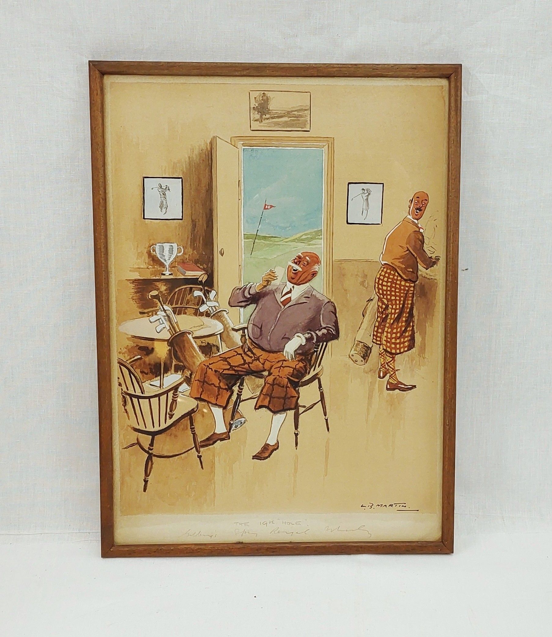 c1940’s Original Framed L.B. Martin Golfing Cartoon Watercolour