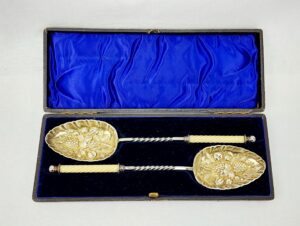 Cased Pair of Silver Plate Berry Serving Spoons