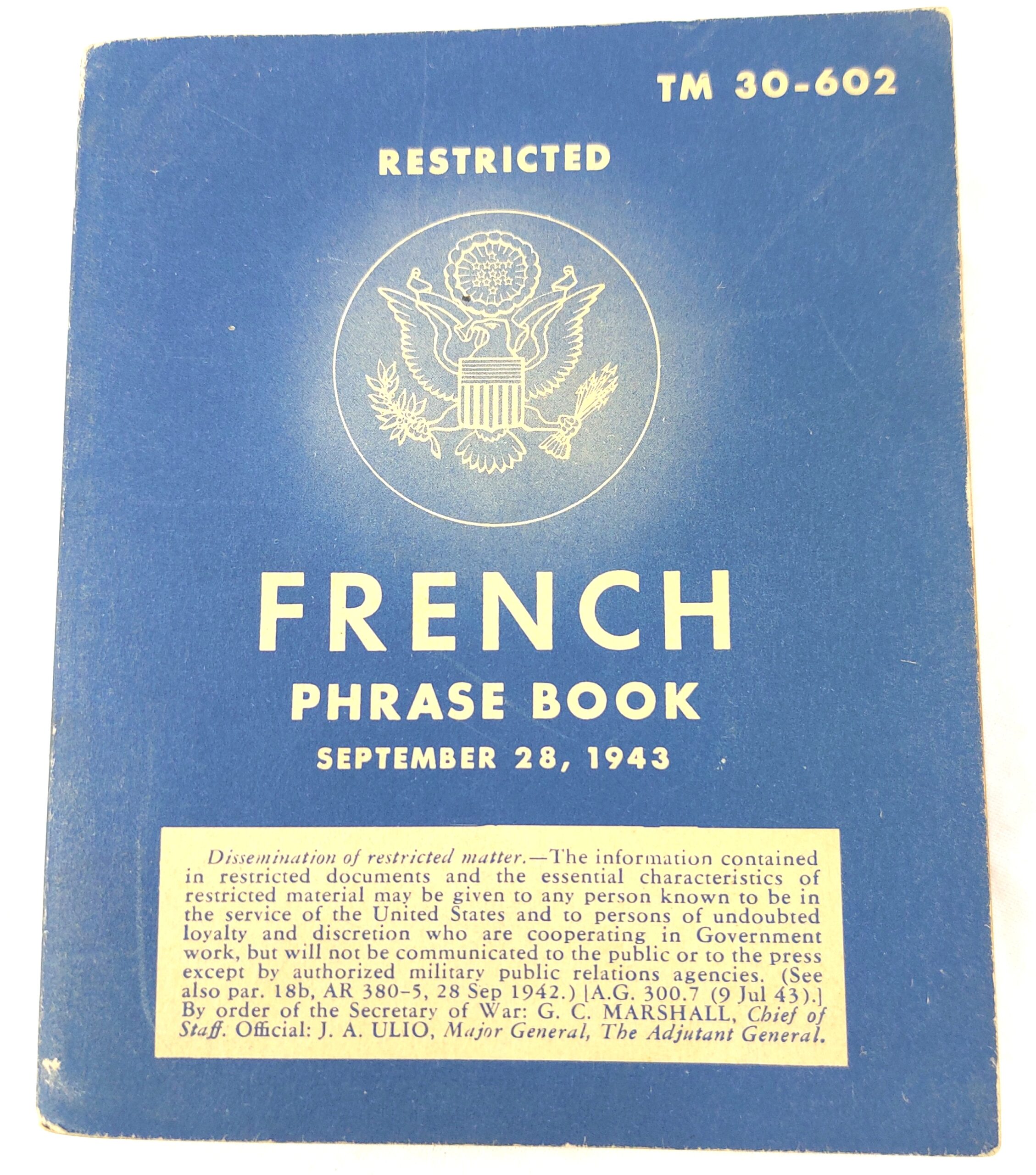 USA, WW2, Restricted, French Phrase Book, Washington, September 28, 1943 (TM 30-602)