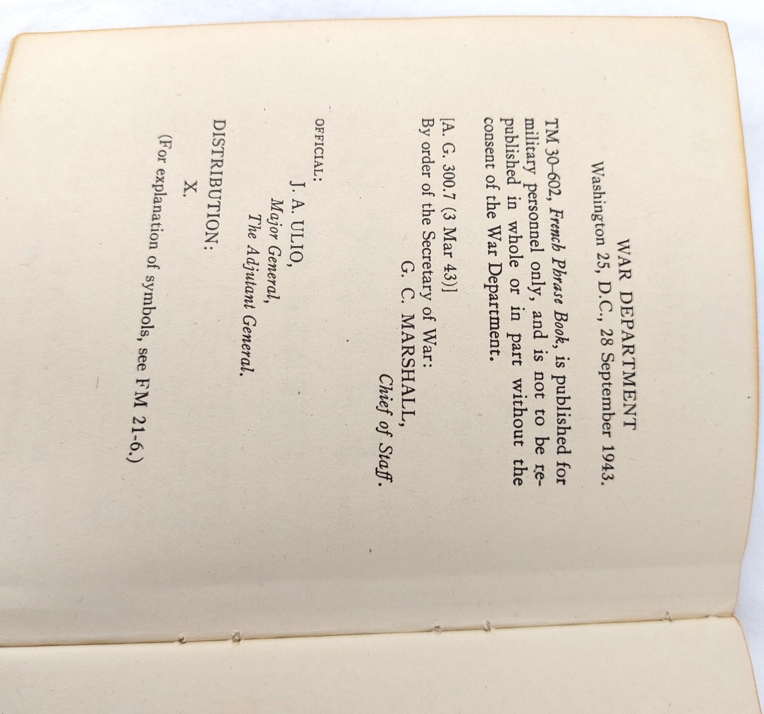 USA, WW2, Restricted, French Phrase Book, Washington, September 28, 1943 (TM 30-602) - Image 4