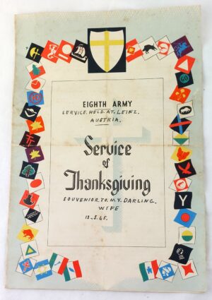 WW2, Eighth Army Service of Thanksgiving, Annotated "Service Held at Leinz Austria, Souvenir to My Darling Wife, 13.5.1945"