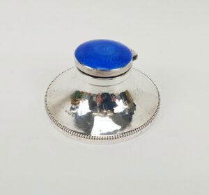 Art Deco Sterling Silver & Guilloche Enamel Capstan Inkwell c1924