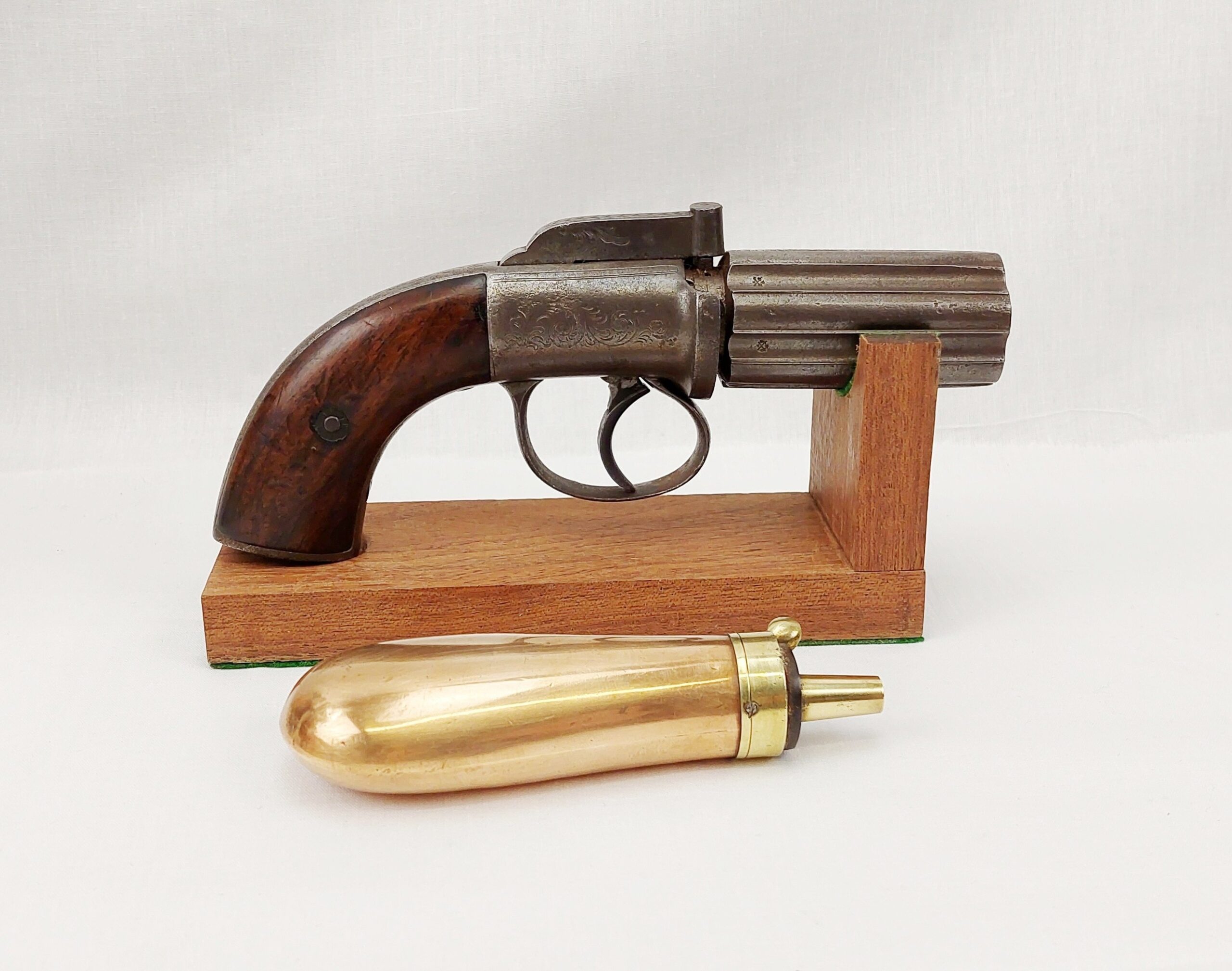 Mounted Circa 1860 Pepperbox Revolver And Powder Flask