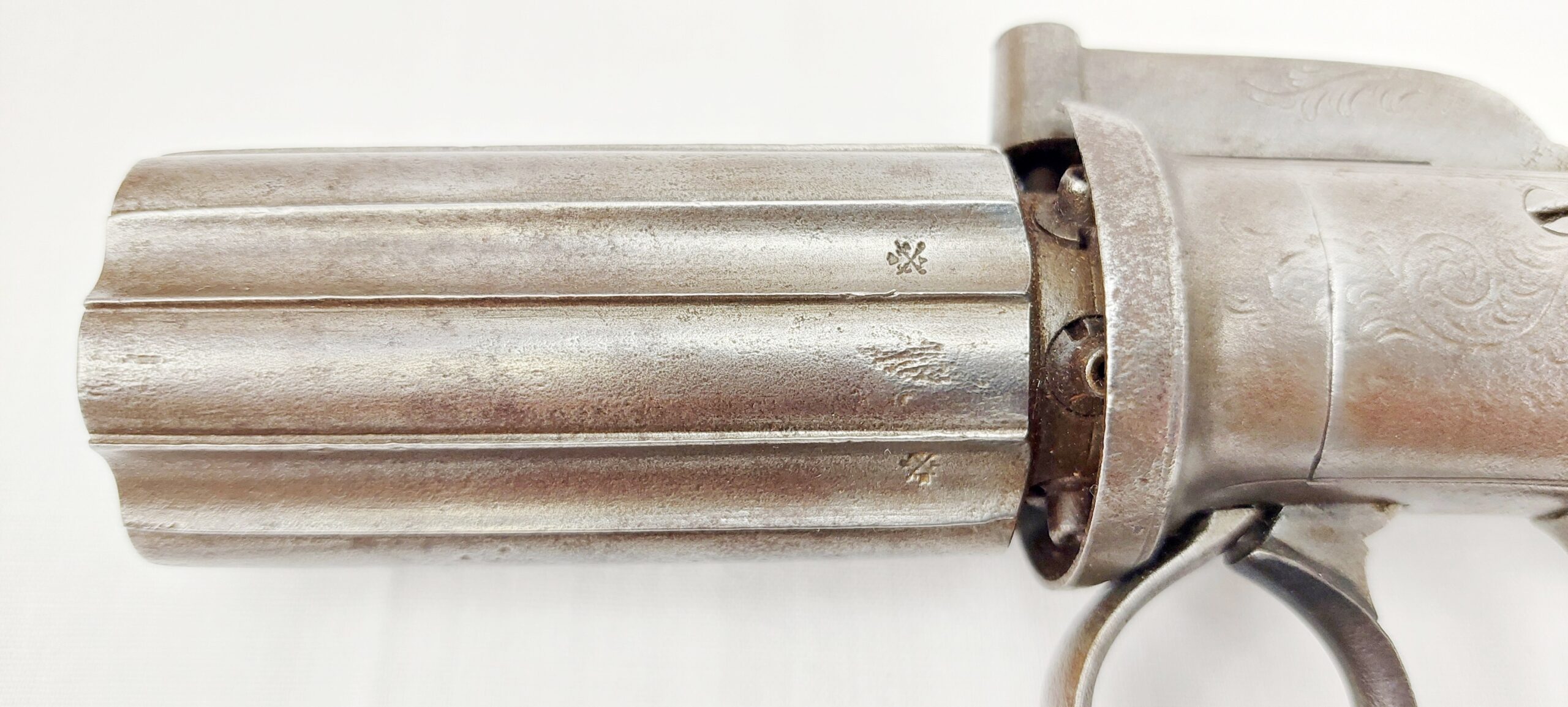 Mounted Circa 1860 Pepperbox Revolver And Powder Flask - Image 9