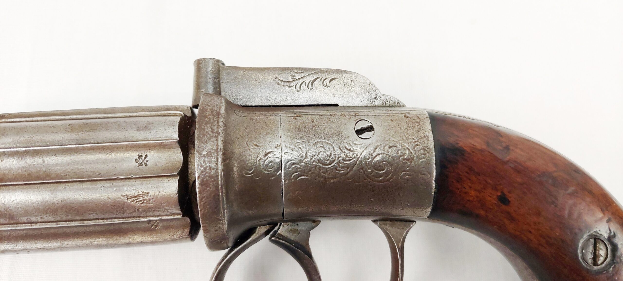 Mounted Circa 1860 Pepperbox Revolver And Powder Flask - Image 8