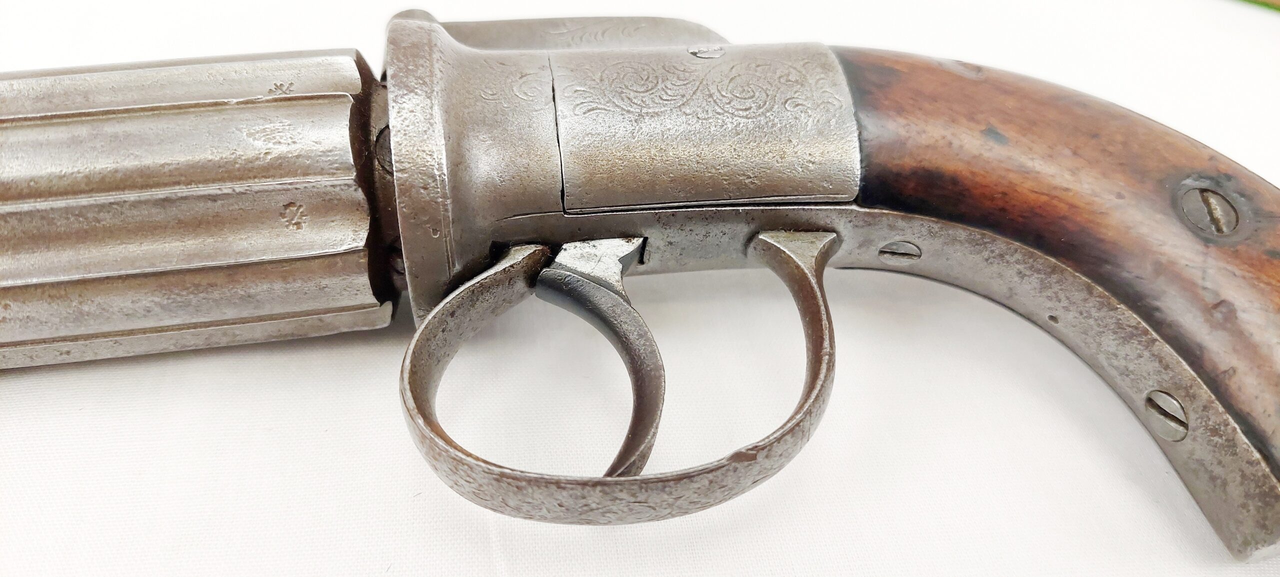 Mounted Circa 1860 Pepperbox Revolver And Powder Flask - Image 7