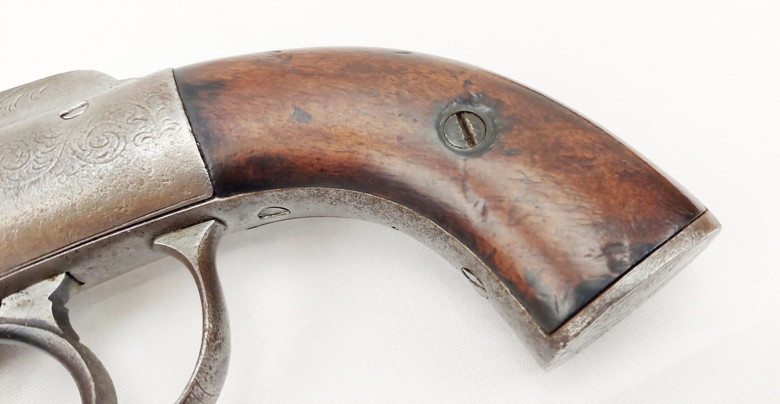 Mounted Circa 1860 Pepperbox Revolver And Powder Flask - Image 6