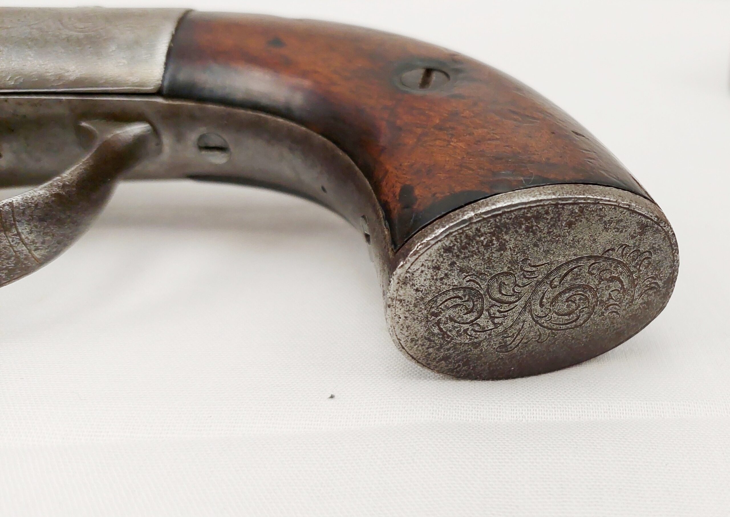 Mounted Circa 1860 Pepperbox Revolver And Powder Flask - Image 5
