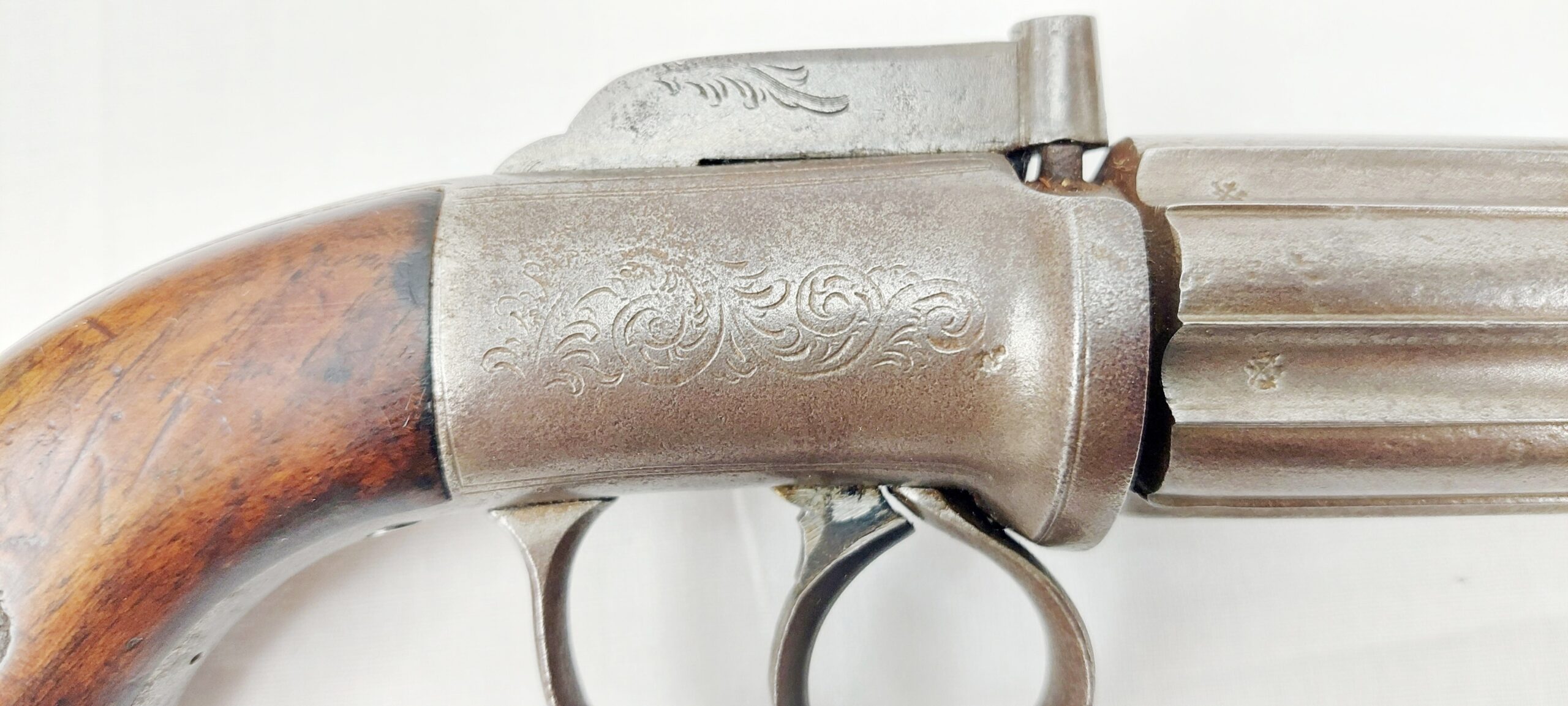 Mounted Circa 1860 Pepperbox Revolver And Powder Flask - Image 15