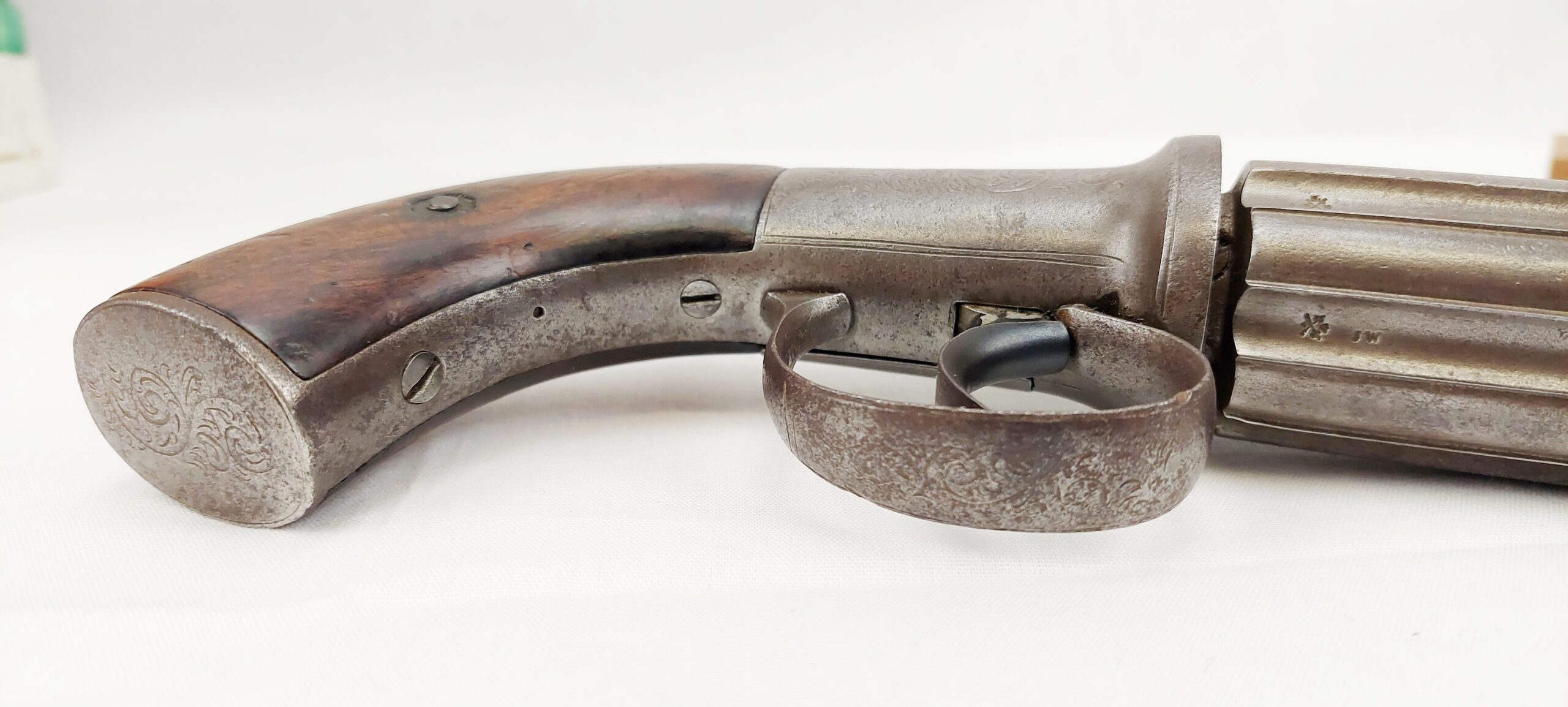 Mounted Circa 1860 Pepperbox Revolver And Powder Flask - Image 13