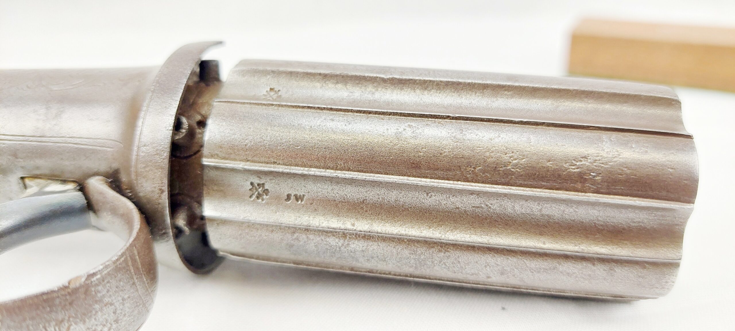 Mounted Circa 1860 Pepperbox Revolver And Powder Flask - Image 12