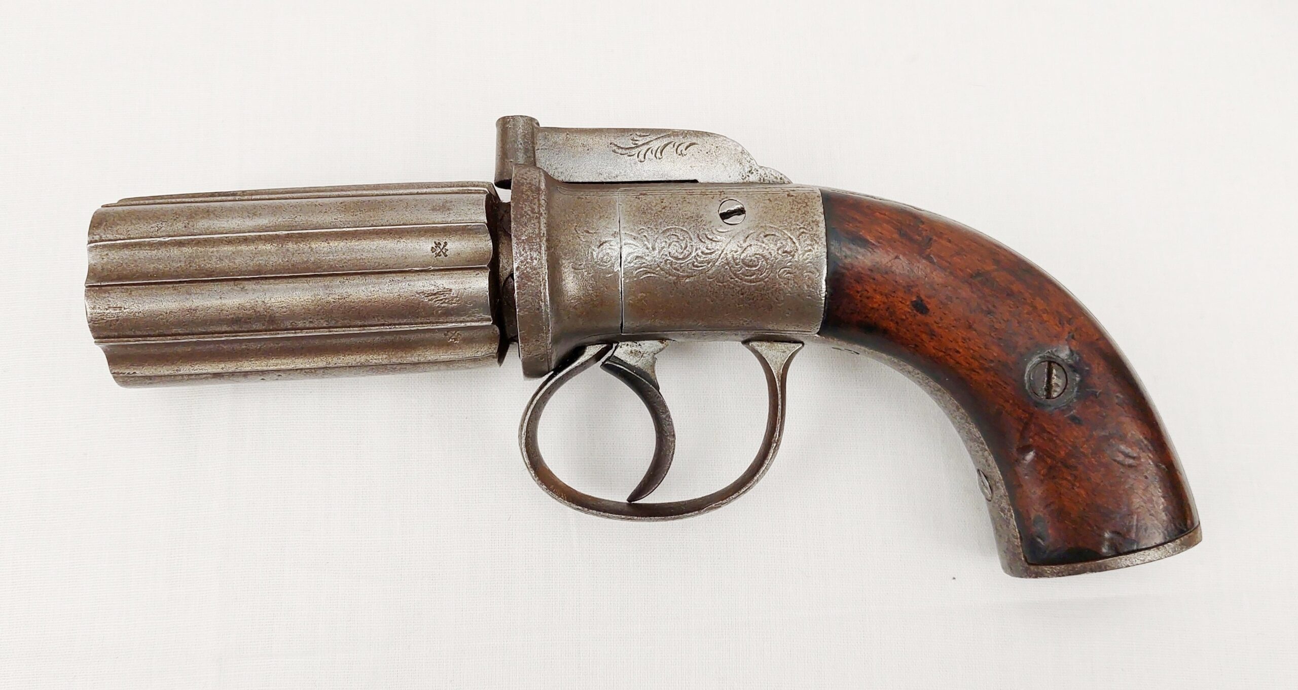 Mounted Circa 1860 Pepperbox Revolver And Powder Flask - Image 10