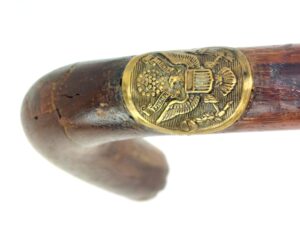 American, Early 1900's, Wooden Walking Stick with American Emblem and Semi Precious Stone