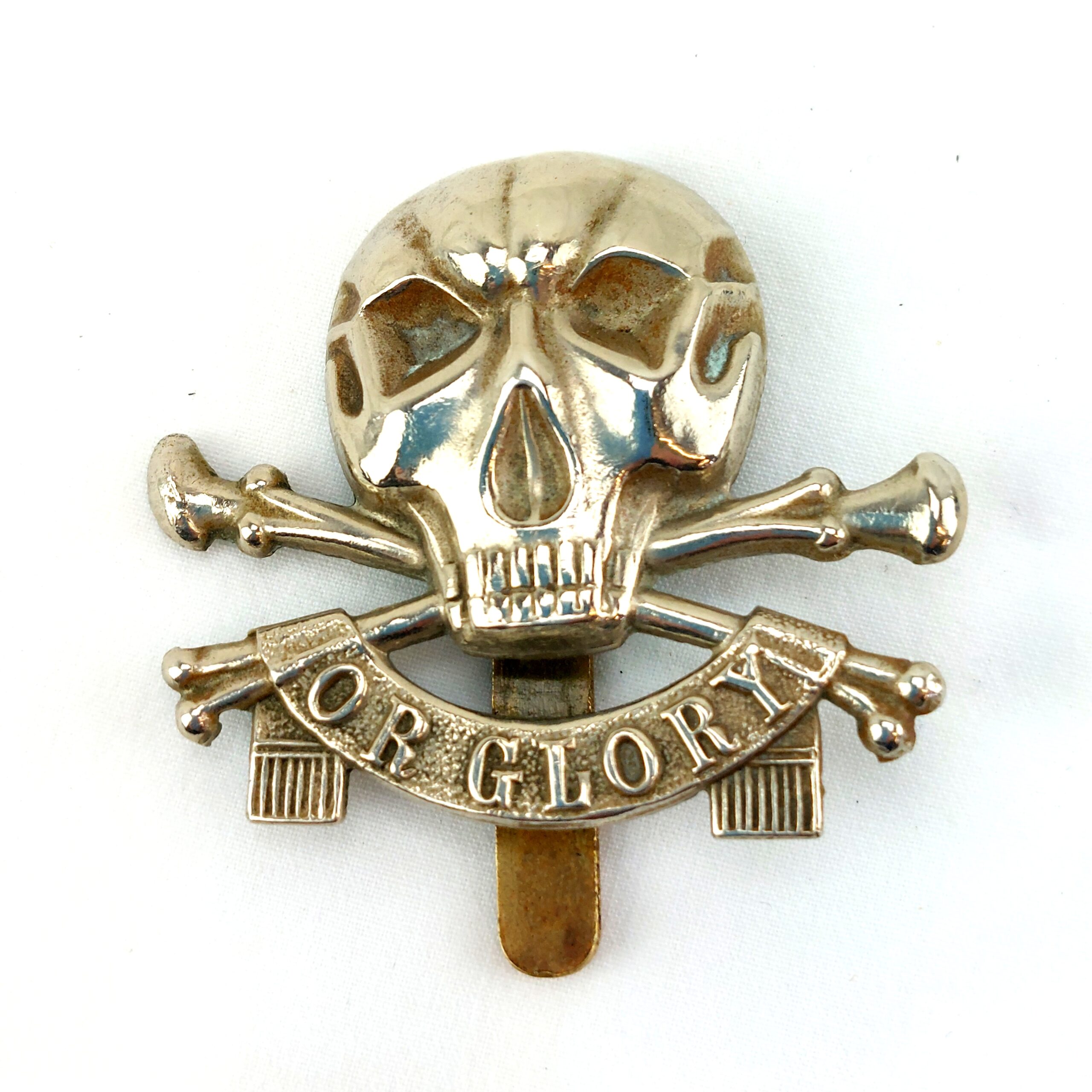 British, Original 17th/21st Lancers - Death or Glory - White Metal Regimental Cap Badge, Brass Slide