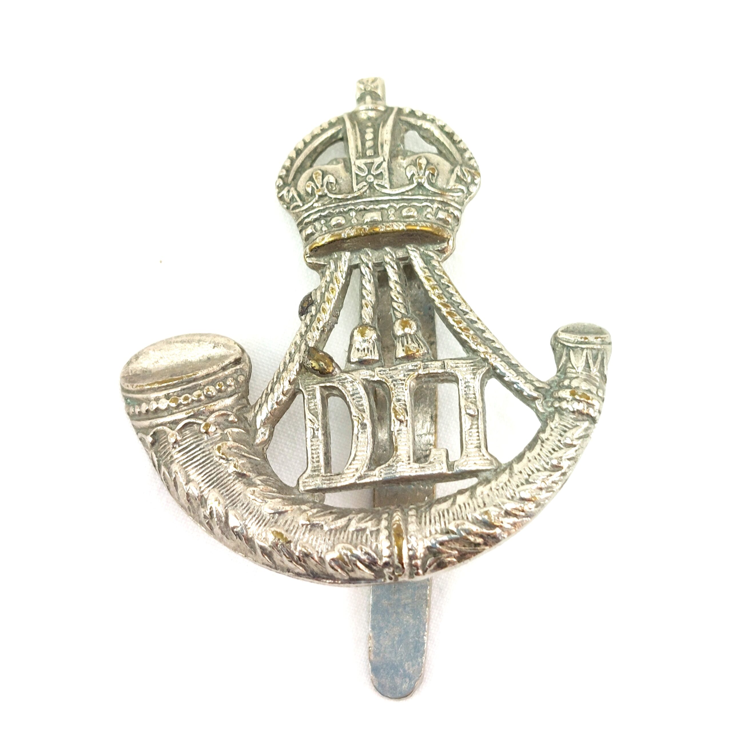 British, Original Durham Light Infantry (DLI) White Metal Cap Badge, Kings Crown, White Metal Slide