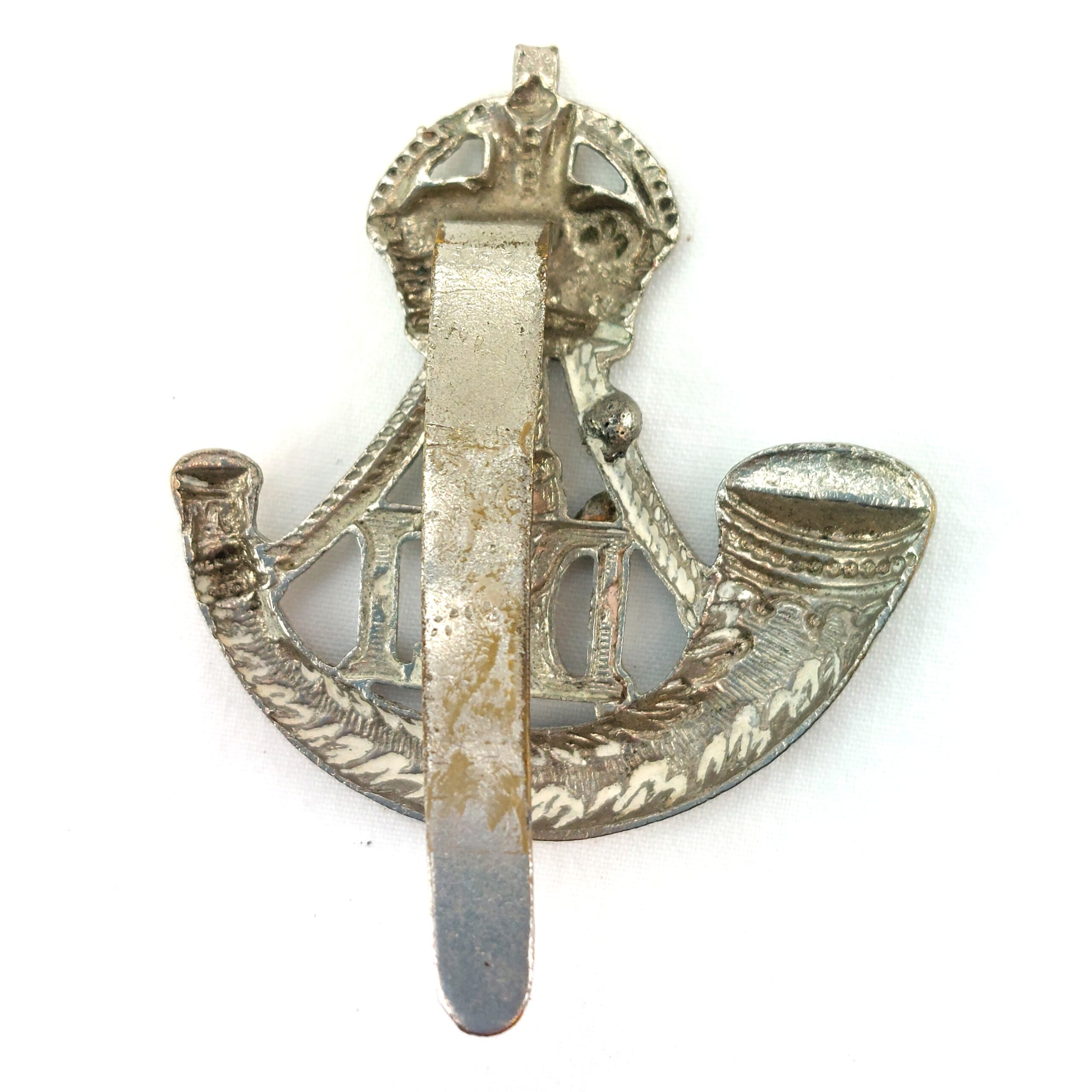 British, Original Durham Light Infantry (DLI) White Metal Cap Badge, Kings Crown, White Metal Slide - Image 2