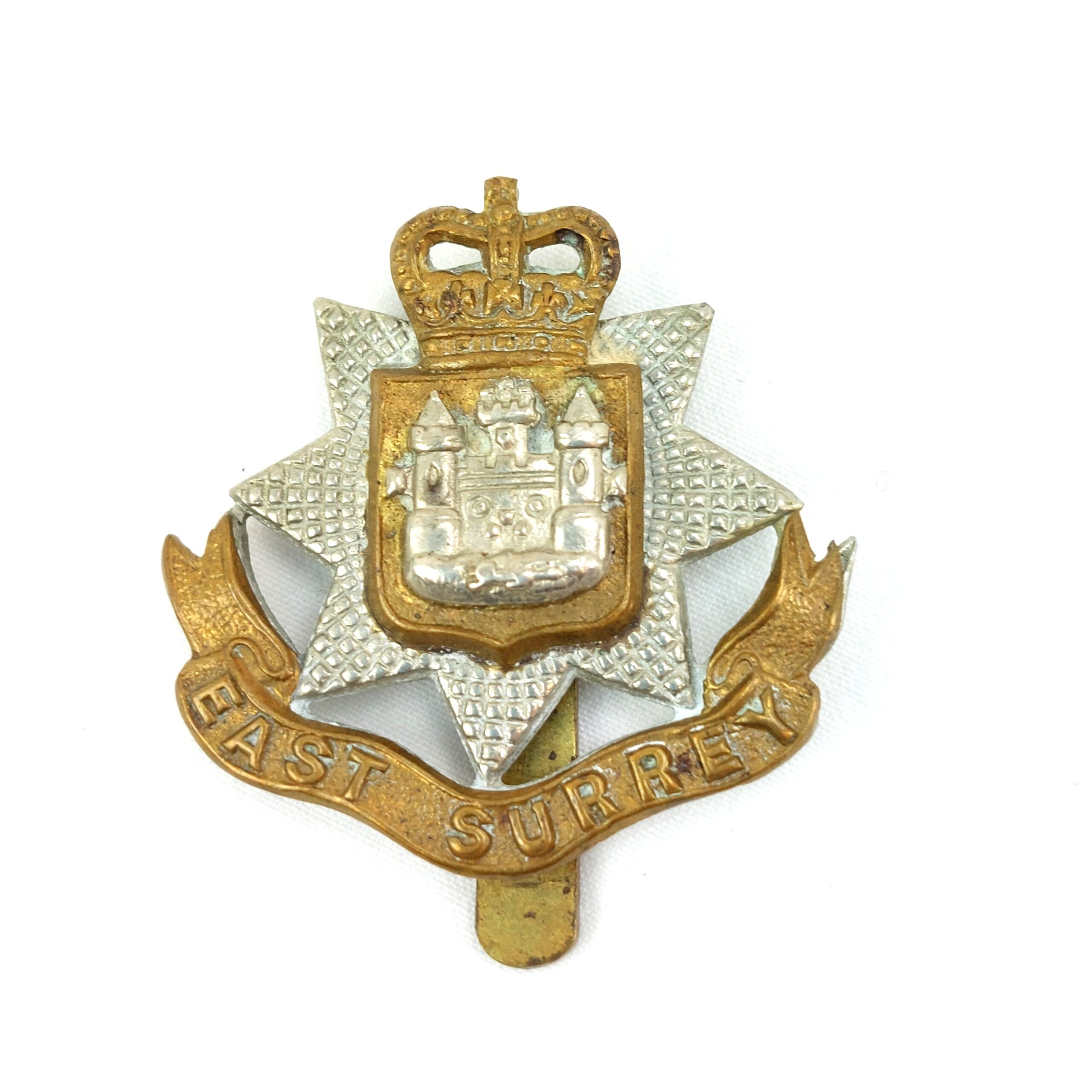 British, Original East Surrey Regimental Cap Badge, Queens Crown, Made by Buttons Ltd B'ham