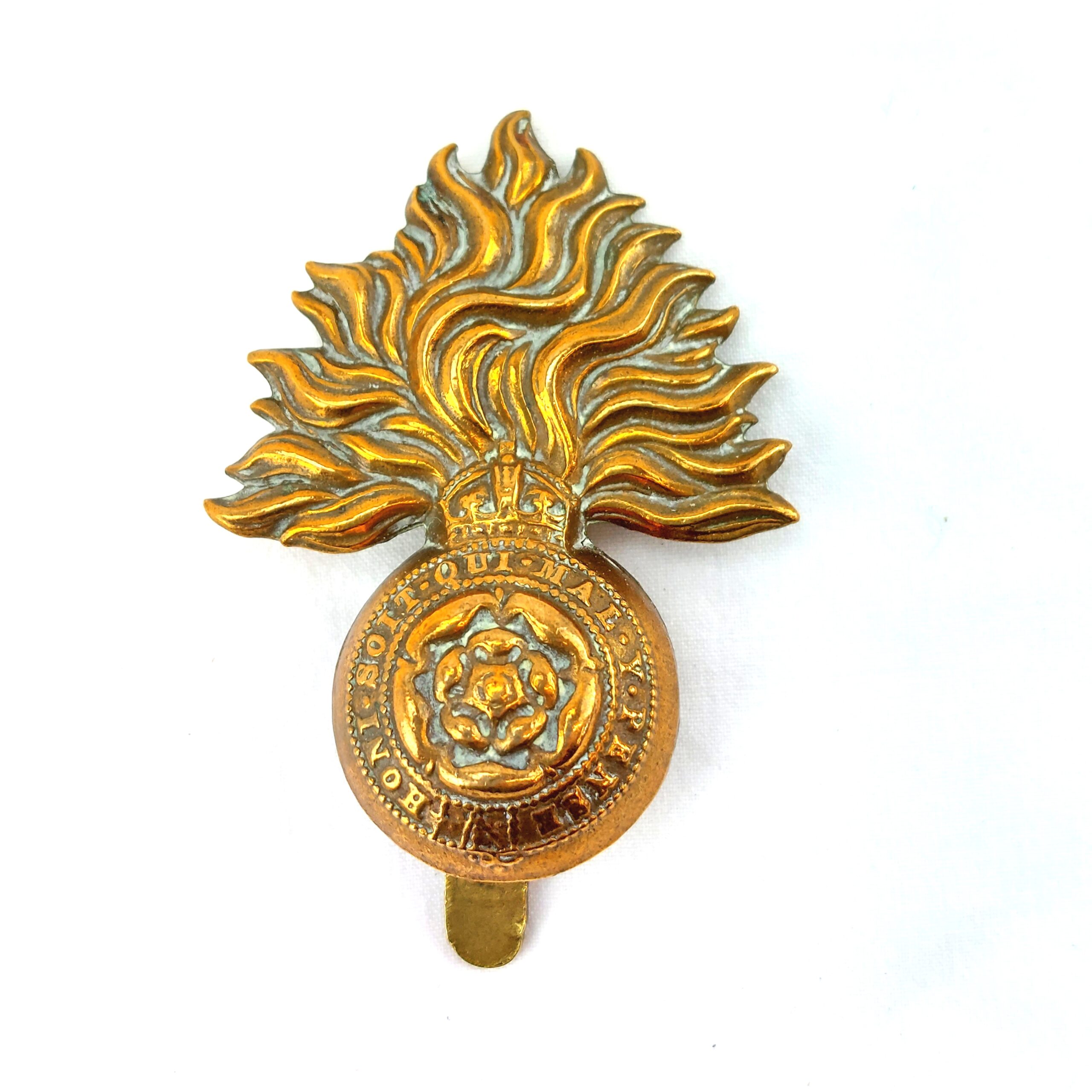 British, Original Edwardian Royal Fusiliers 1st-4th Battalions City of London Regiment Cap Badge, Kings Crown, Brass Slide