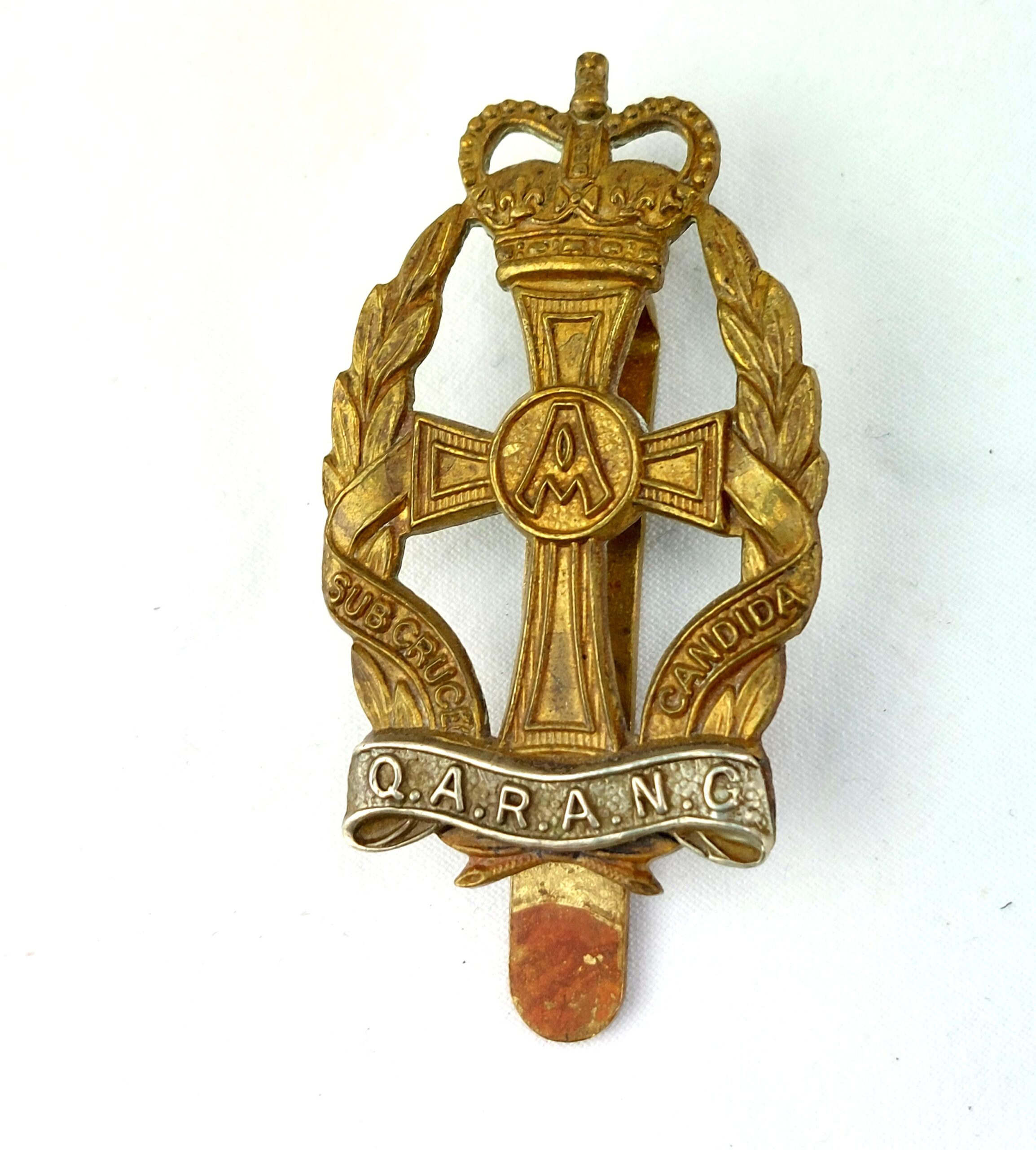 British, Original Queen Alexandra's Royal Army Nursing Corps (Q.A.R.A.N.C) Cap Badge, Queens Crown, Brass Slider